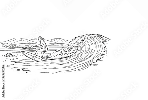 Surfer rides a massive, curling wave near a rocky shore with mountains