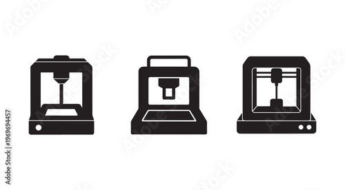 Three dimensional printer icons  various 3D printing machine designs  technology and manufacturing concept  illustration