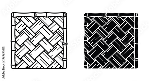 Bamboo woven mat square frame, traditional wicker texture, vector illustration