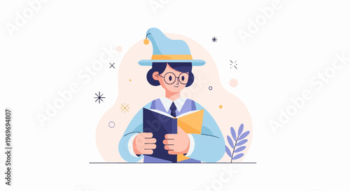 Whimsical character in a hat and glasses reads an open book