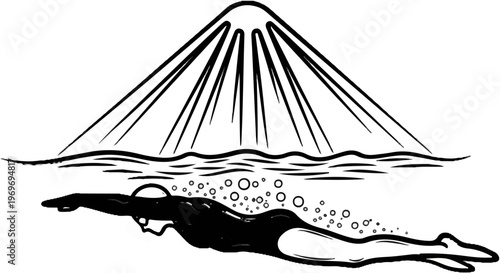 Swimmer emerges from underwater as stylized sun rays shine down