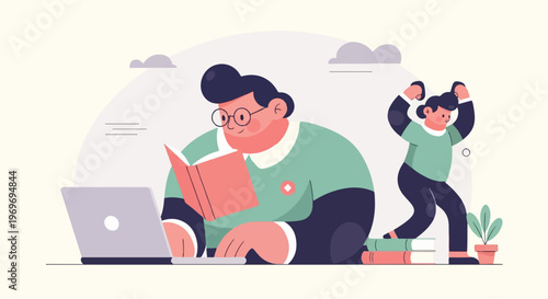 Two stylized people, one reading a book and using a laptop, the other celebrating