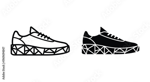 Set of sneaker icons with geometric low poly sole design, modern footwear silhouette for sports and casual style