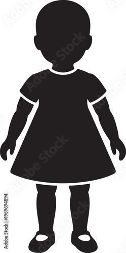 Black silhouette of a baby or toddler in a dress, standing on a white background.
