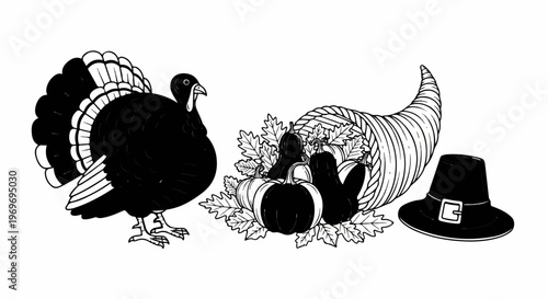 Thanksgiving imagery turkey, cornucopia with gourds, and pilgrim hat