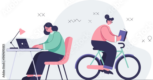 Two women engaged in separate activities, one working on laptop, other reading on bike