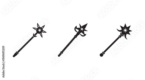 Three medieval flails with spikes and star shaped heads used for battle and self defense  historical weapons  combat tools