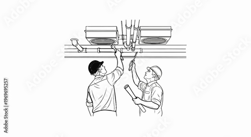 Two workers in hard hats inspect overhead piping and ventilation units