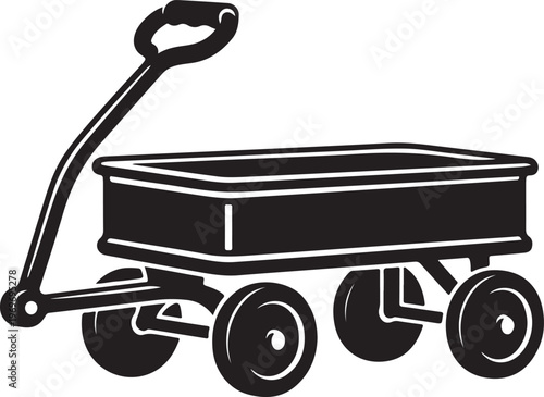 Black silhouette of a four-wheeled garden wagon with a handle, isolated on white.