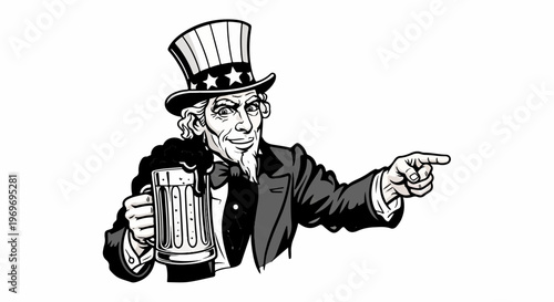 Uncle Sam character holding a frothy beer mug and pointing with his finger