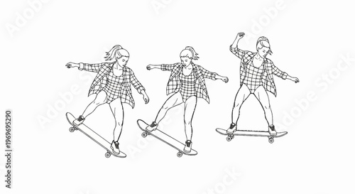 Three dynamic depictions of a young female skater in action, showing balance and movement