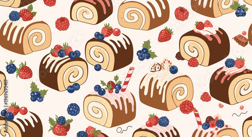 Sweet seamless pattern of various sponge cake rolls decorated with cream and assorted fresh berries on a light background.