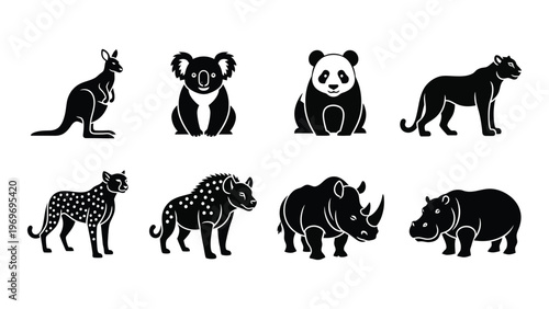 A collection of eight australian and african animal silhouettes including a kangaroo koala and rhinoceros silhouette high quality professional detailed modern