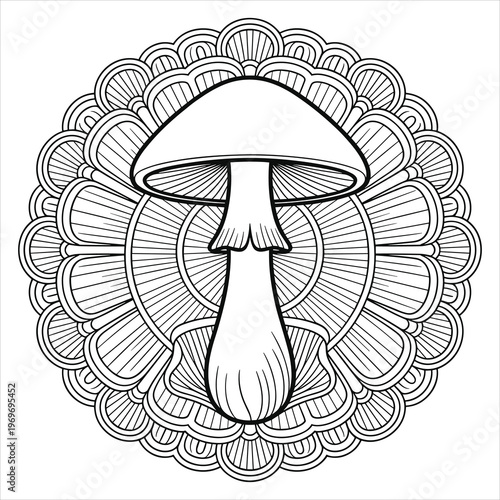 Mushroom centered in a circular mandala line pattern