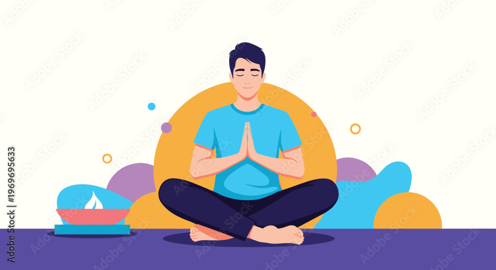 Fototapeta premium Young man sitting in lotus pose meditating in a colorful abstract environment with a sun-like circle behind him.