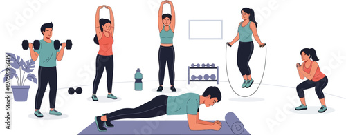 Diverse group performs various exercises, promoting a healthy lifestyle.