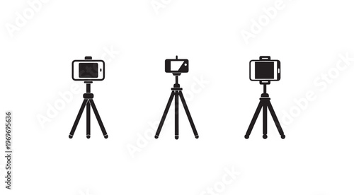 Three smartphone camera icons on tripods for photography and videography purposes  various angles and positions