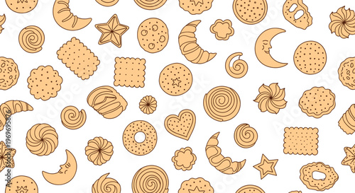 Sweet seamless pattern of various hand-drawn cookies in different shapes like stars, hearts, moons, and swirls.