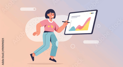 Woman interacting with a digital tablet displaying a colorful graph