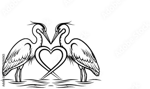 Two elegant birds with long beaks form a heart shape with their heads