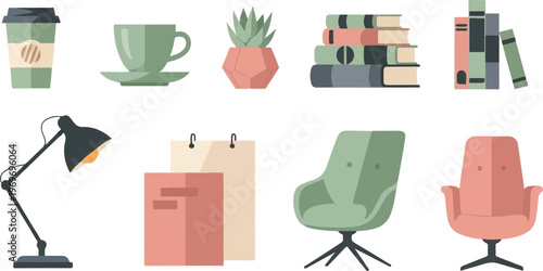 Various desk and seating items, including a coffee cup, plant, lamp, and chairs