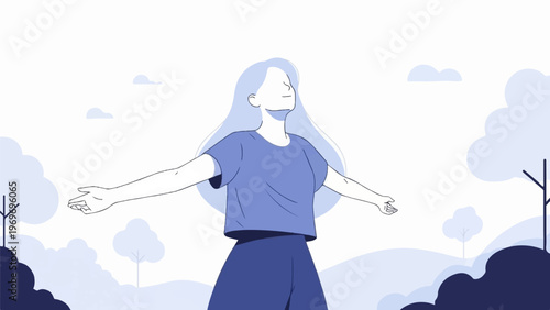 Woman with arms outstretched in a serene, stylized outdoor landscape