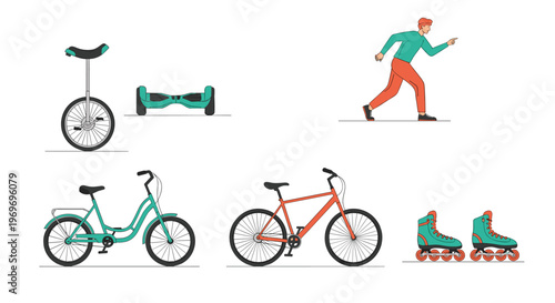Various personal transportation options featuring a unicycle, hoverboard, bicycles, roller skates, and a person skating.