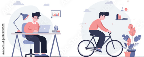 Two flat illustrations of men, one working at a desk, another cycling