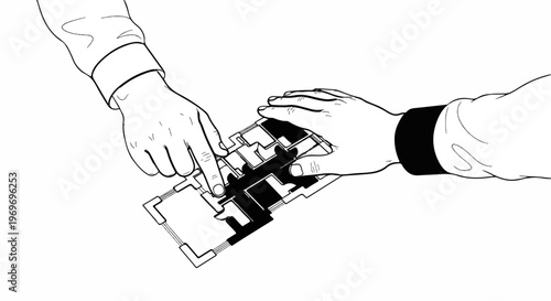 Two hands interacting with a blueprint or floor plan layout