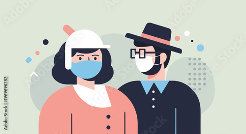 Two individuals, a woman with a helmet and a man with a hat, wear face masks