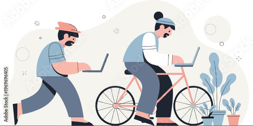 Two men are using laptops while one rides a bike