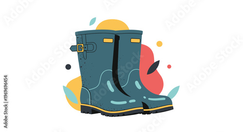 Sturdy pair of green waterproof rubber rain boots with buckle details set against a colorful abstract geometric background.