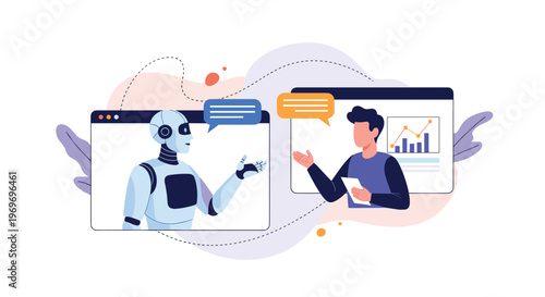 Artificial intelligence concept showing a robot and a human professional interacting and communicating via digital video call screens.