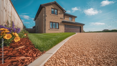 Modern brick house with a brown garage door and a gravel driveway on a beautiful sunny day featuring a lush green lawn and vibrant colorful flowers under a brig