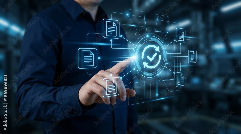 Fototapeta premium A person in a dark shirt interacts with a glowing holographic screen, featuring a central checkmark icon surrounded by multiple digital document representations.