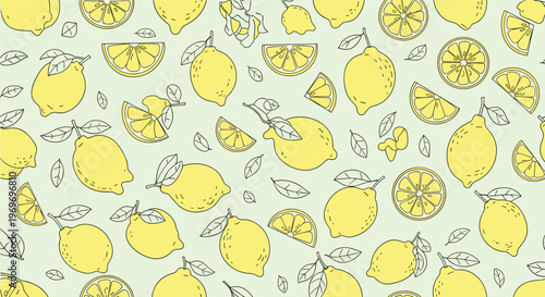 Refreshing pattern background featuring whole lemons, lemon slices, and mint leaves in yellow and green tones.