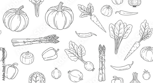 Black and white line art pattern featuring detailed outlines of various vegetables like pumpkins, carrots, and asparagus.
