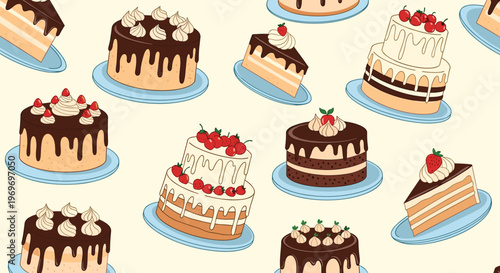 Delicious seamless pattern background featuring whole chocolate cakes, vanilla tiered cakes, and slices with strawberries.