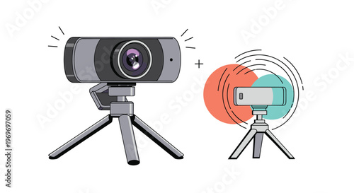 Professional recording setup featuring a high definition webcam and a smartphone mounted on tripods for streaming or video calls.