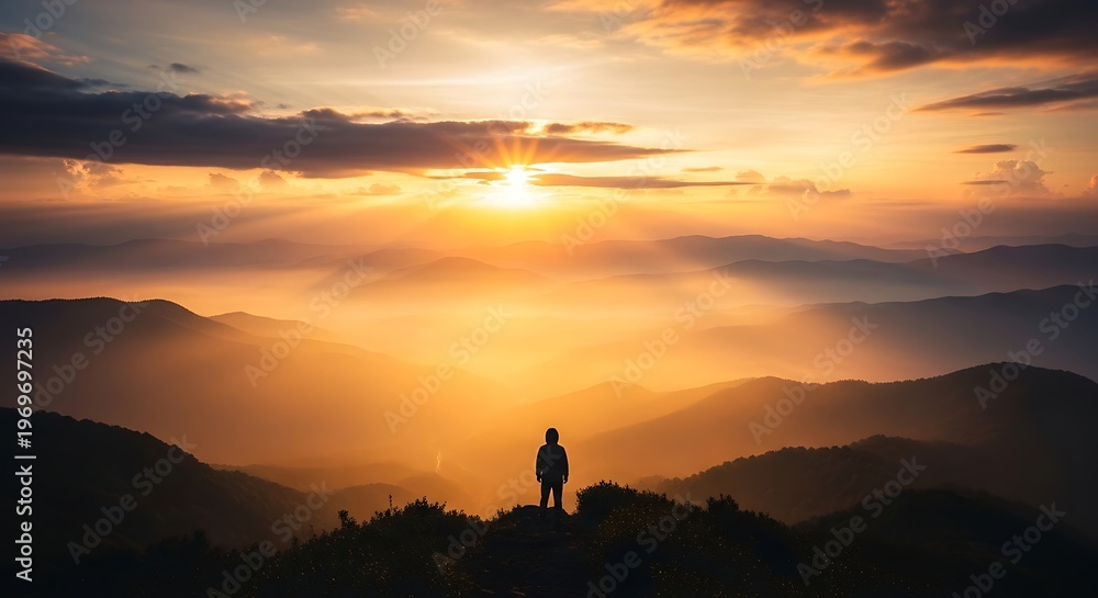 Fototapeta premium Person standing on mountain at sunset.