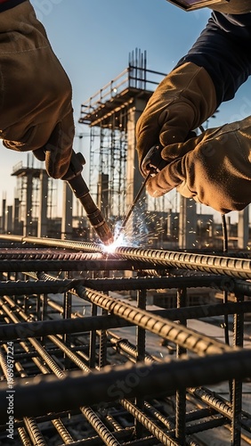 Construction site worker welding rebar framework during the day shift