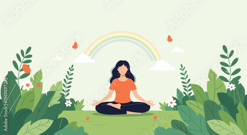 Young woman meditating in lotus pose outdoors with a colorful rainbow, blooming flowers, butterflies and green plants in a garden.