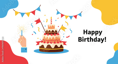 Three-tier chocolate birthday cake with cherries and flags next to a hand holding a sparkler with festive party decorations.