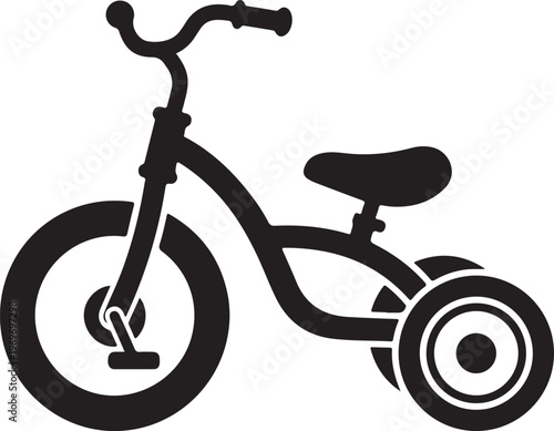 Black silhouette of a child's tricycle with pedals and handlebars on white.