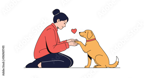 Young woman kneeling and holding paws with her loyal golden retriever dog with a small red heart symbol signifying their bond.
