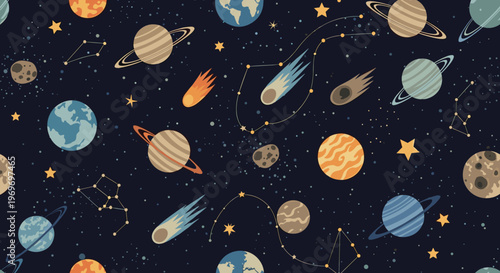 Celestial seamless pattern showcasing various planets, moons, comets, and star constellations in a deep space universe setting.