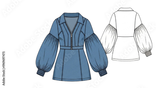 Fashion designer creates vector CAD design style blue dress with puffy sleeves