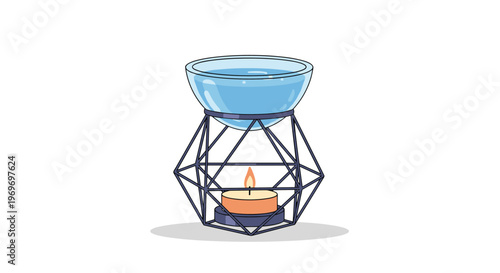 Modern blue glass aroma lamp with a burning tealight candle underneath for aromatherapy and relaxation in a peaceful home setting.