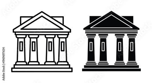 Bank building icon set, vector illustration of financial institution, classic architecture with columns, flat design style