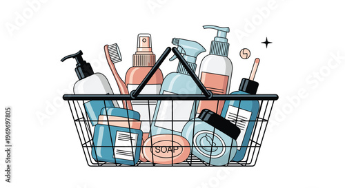Wire shopping basket overflowing with various personal care products, skincare bottles, soaps, and a toothbrush in a bathroom.
